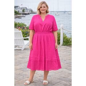 Draper James Swiss Dot Fuchsia Pink Midi Dress Fit & Flare Spliced Neck Sz: XL